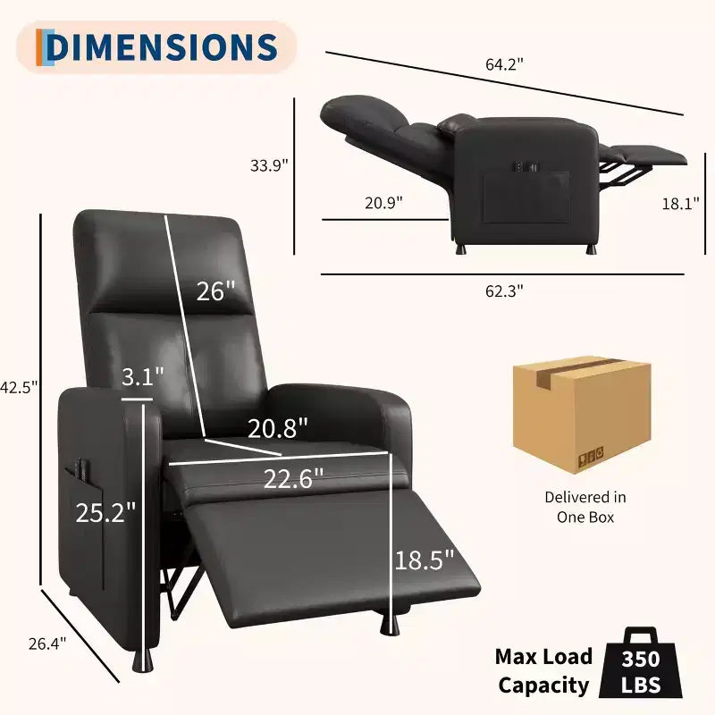 Fauteuil Inclinable Électrique, Fauteuil Relaxation Électrique Réglable Ergonomique en Cuir PU Sur-rembourré, Dossier Haut, Siège Rembourré, Siège de Cinéma Maison