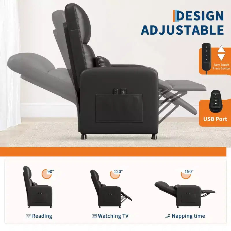 Fauteuil Inclinable Électrique, Fauteuil Relaxation Électrique Réglable Ergonomique en Cuir PU Sur-rembourré, Dossier Haut, Siège Rembourré, Siège de Cinéma Maison