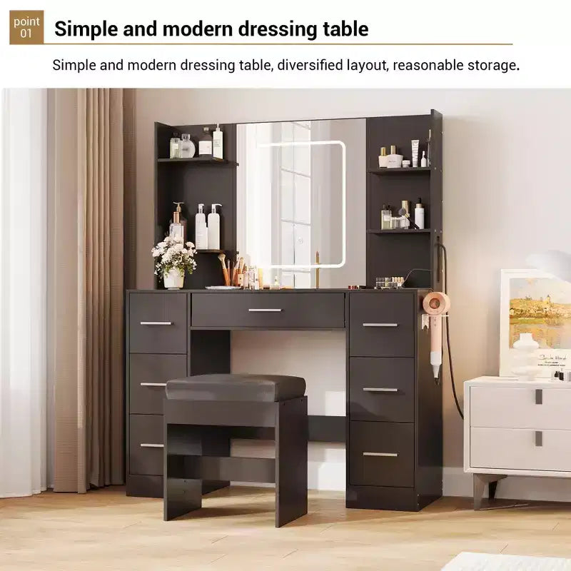 Coiffeuse avec tabouret, Ensemble coiffeuse de chambre à coucher, Support pour sèche-cheveux, Étagères ouvertes, 7 tiroirs, Luminosité réglable sur 3 modes de couleur