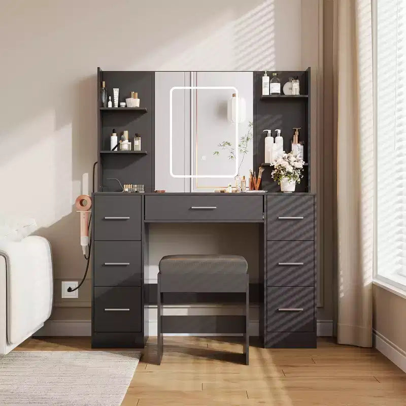 Coiffeuse avec tabouret, Ensemble coiffeuse de chambre à coucher, Support pour sèche-cheveux, Étagères ouvertes, 7 tiroirs, Luminosité réglable sur 3 modes de couleur