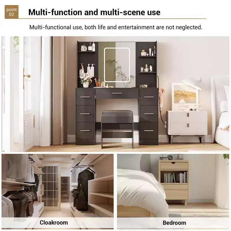 Coiffeuse avec tabouret, Ensemble coiffeuse de chambre à coucher, Support pour sèche-cheveux, Étagères ouvertes, 7 tiroirs, Luminosité réglable sur 3 modes de couleur