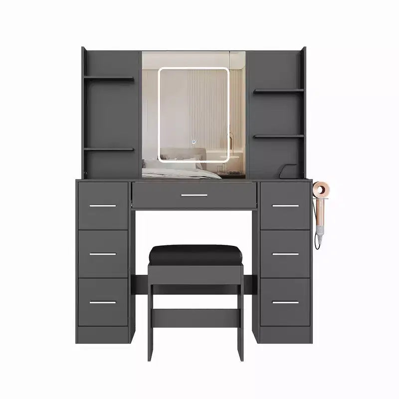 Vanity Desk with Stool, Bedroom Vanity Table Set, Hair Dryer Rack, Open Shelves, 7 Drawers, 3 Color Modes Brightness Adjustable Dressing