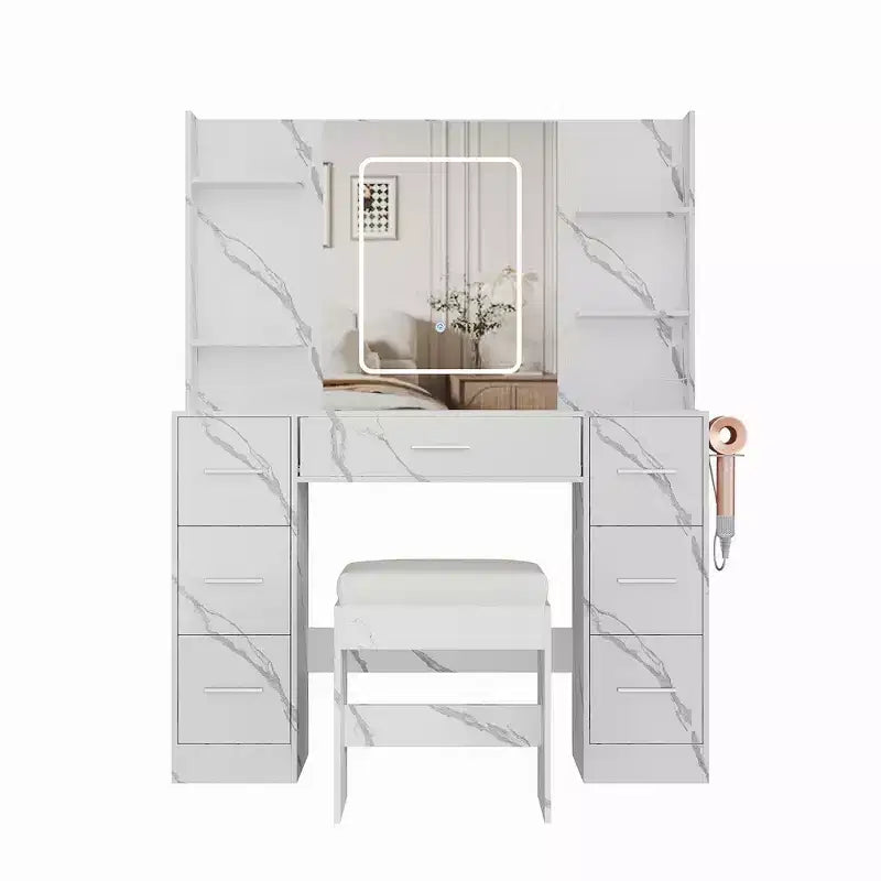 Coiffeuse avec tabouret, Ensemble coiffeuse de chambre à coucher, Support pour sèche-cheveux, Étagères ouvertes, 7 tiroirs, Luminosité réglable sur 3 modes de couleur