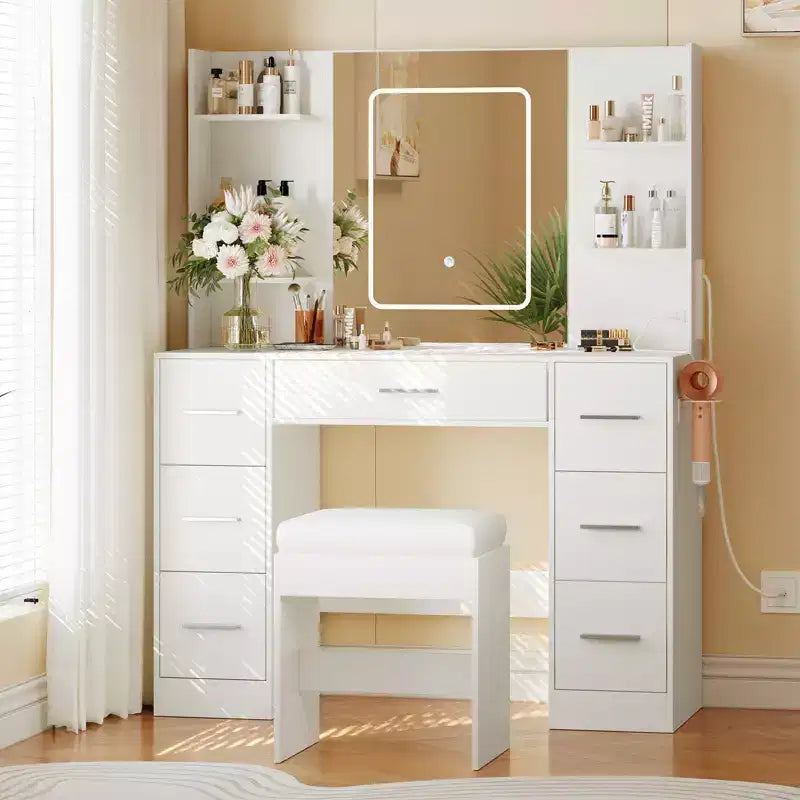 Coiffeuse avec tabouret, Ensemble coiffeuse de chambre à coucher, Support pour sèche-cheveux, Étagères ouvertes, 7 tiroirs, Luminosité réglable sur 3 modes de couleur