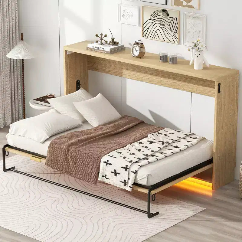 ModernLuxe Twin XL Size Murphy Bed Wall Bed Frame, Wooden Storage Cabinet Bed with LED Light, Natural