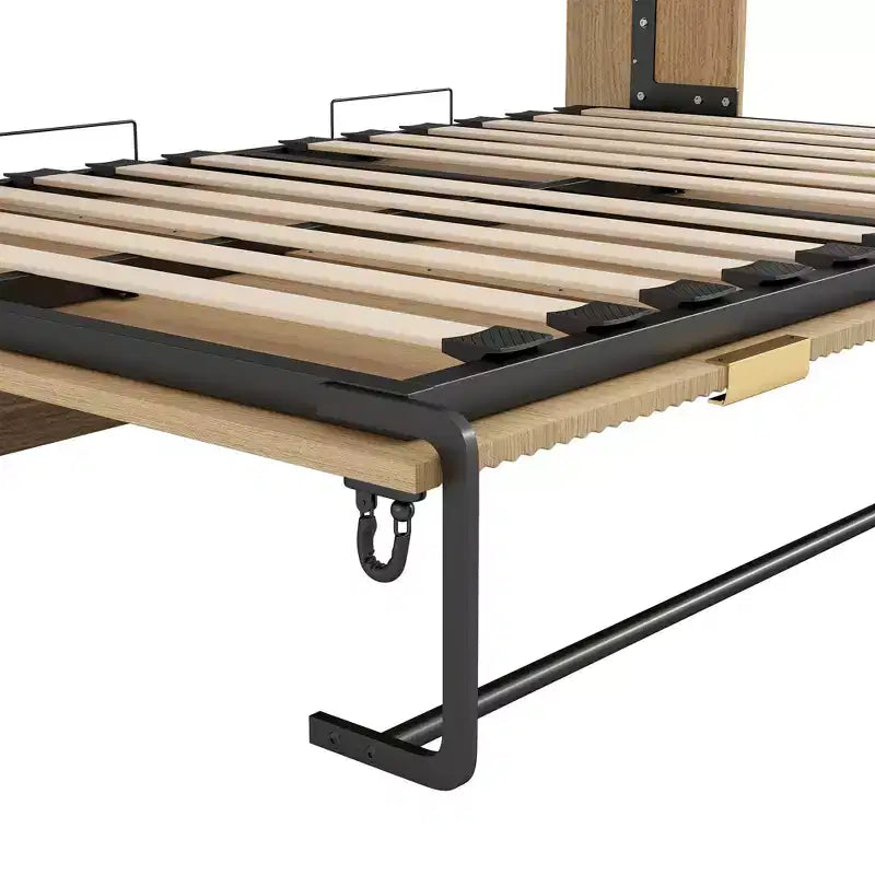 Lit mural escamotable de taille Murphy avec cadre, lit-armoire en bois avec lumière LED, naturel