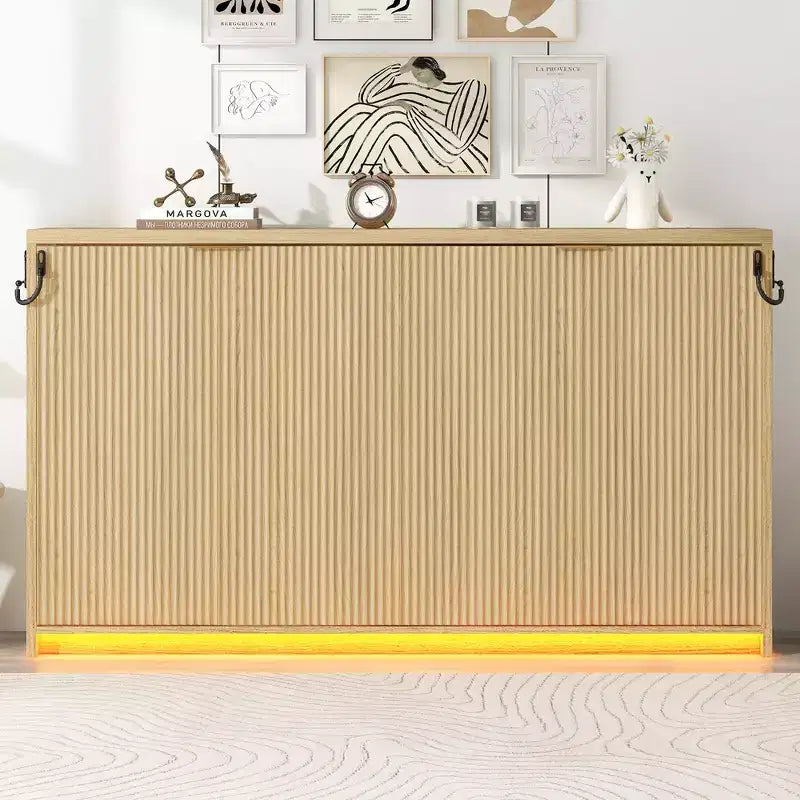 Lit mural escamotable de taille Murphy avec cadre, lit-armoire en bois avec lumière LED, naturel