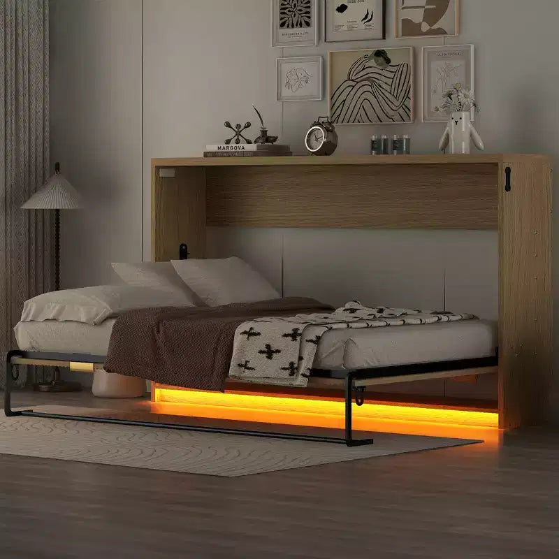 Lit mural escamotable de taille Murphy avec cadre, lit-armoire en bois avec lumière LED, naturel