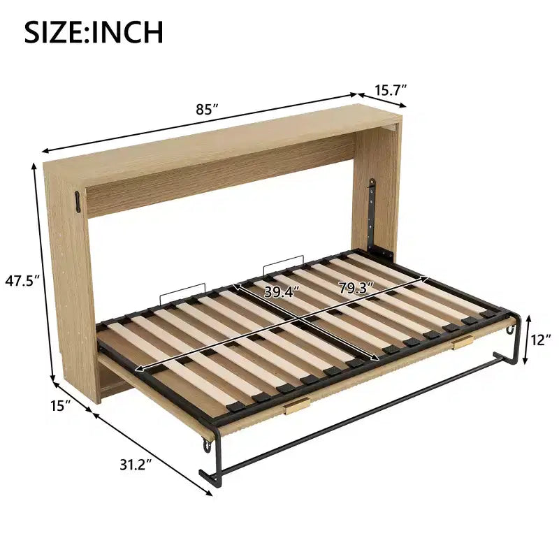 Lit mural escamotable de taille Murphy avec cadre, lit-armoire en bois avec lumière LED, naturel