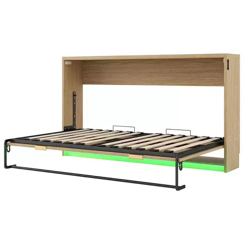 Lit mural escamotable de taille Murphy avec cadre, lit-armoire en bois avec lumière LED, naturel