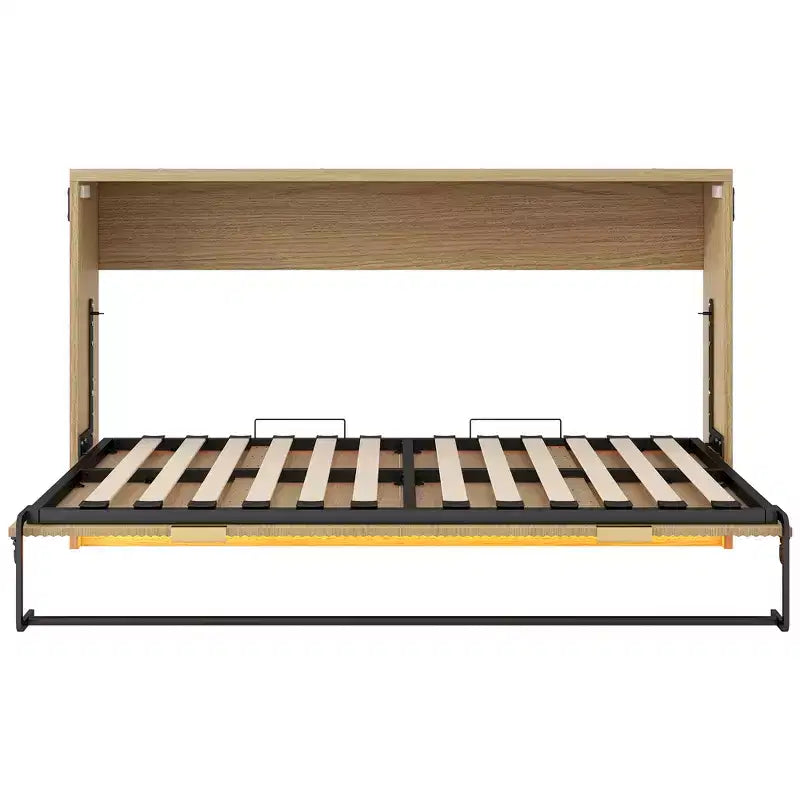 Lit mural escamotable de taille Murphy avec cadre, lit-armoire en bois avec lumière LED, naturel
