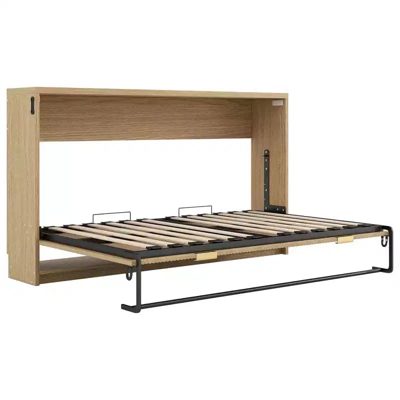 Lit mural escamotable de taille Murphy avec cadre, lit-armoire en bois avec lumière LED, naturel