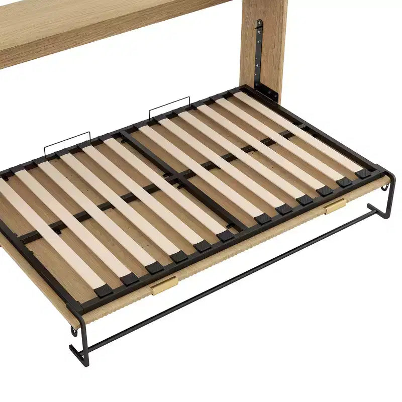 Lit mural escamotable de taille Murphy avec cadre, lit-armoire en bois avec lumière LED, naturel