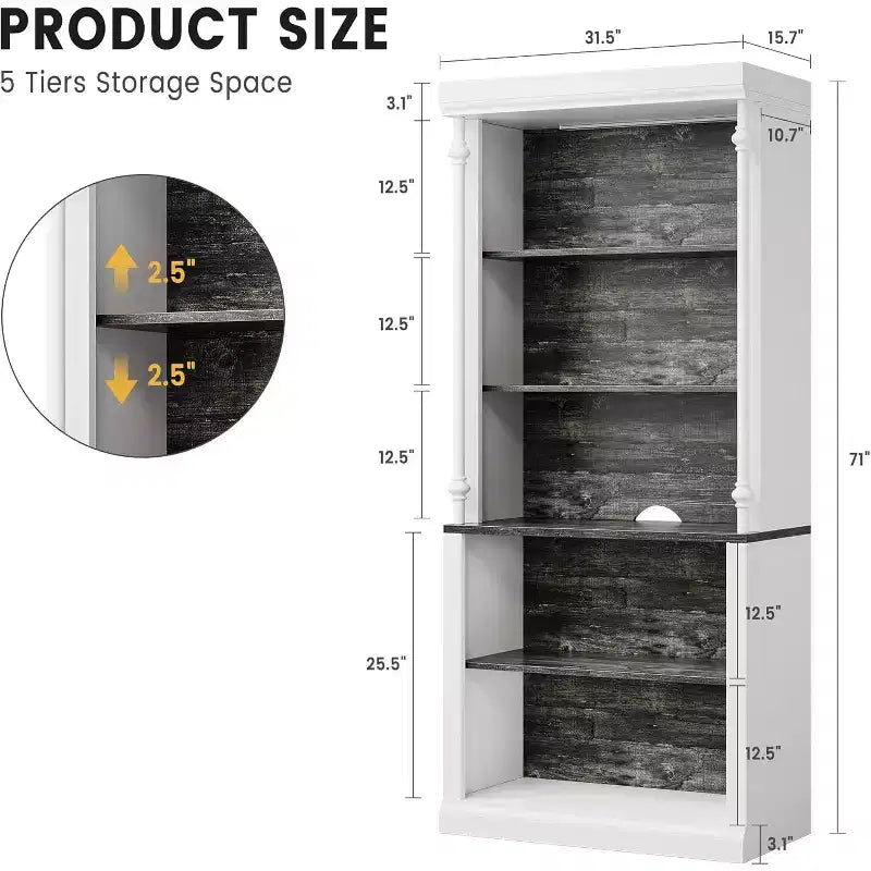Bibliothèque de 180 cm avec étagères réglables, armoire de rangement à 5 niveaux en bois style ferme avec dispositif anti-basculement pour salon et bureau