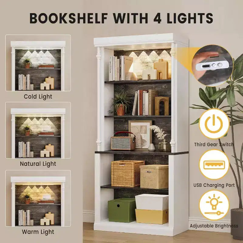 Bibliothèque de 180 cm avec étagères réglables, armoire de rangement à 5 niveaux en bois style ferme avec dispositif anti-basculement pour salon et bureau