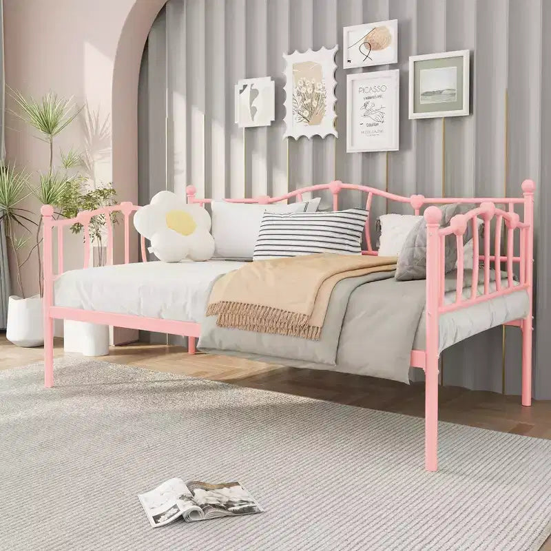 Lit de jour métallique double, Canapé-lits avec support et tête de lit en lattes d'acier, Peu encombrant, Aucun sommier tapissier requis, pour Appartement, Salon, Petits espaces