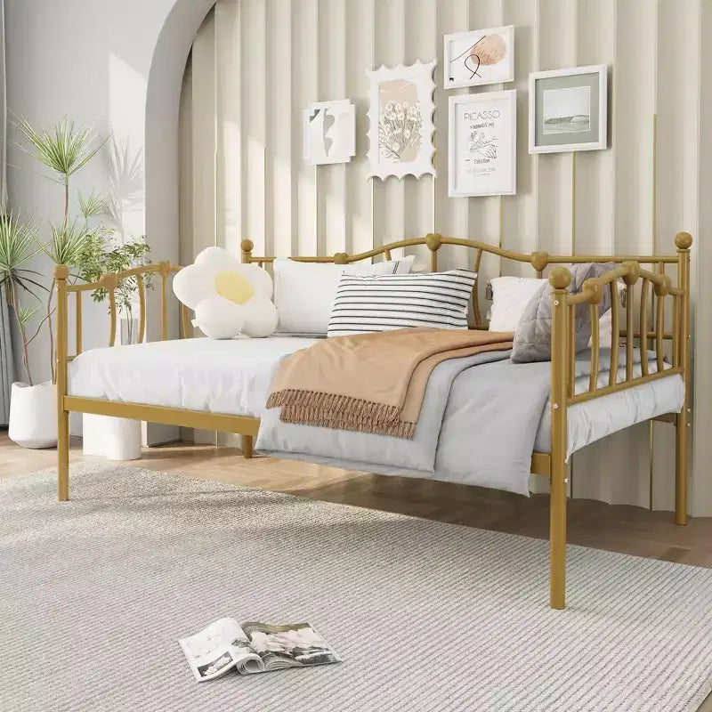 Lit de jour métallique double, Canapé-lits avec support et tête de lit en lattes d'acier, Peu encombrant, Aucun sommier tapissier requis, pour Appartement, Salon, Petits espaces