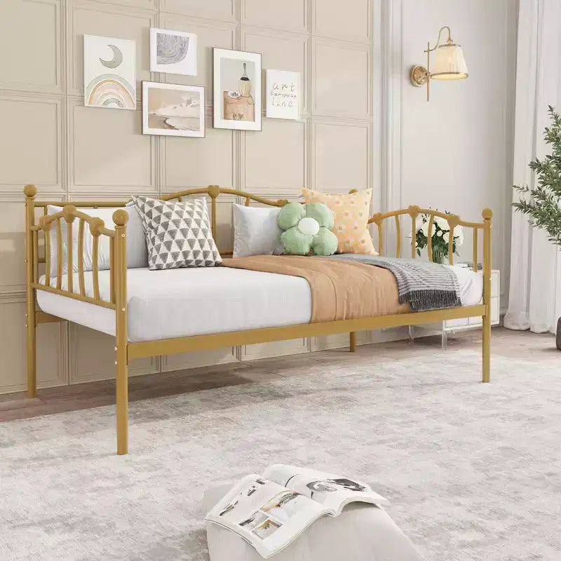 Lit de jour métallique double, Canapé-lits avec support et tête de lit en lattes d'acier, Peu encombrant, Aucun sommier tapissier requis, pour Appartement, Salon, Petits espaces