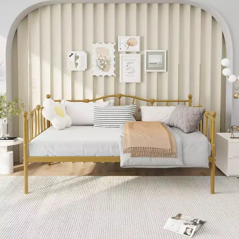 Lit de jour métallique double, Canapé-lits avec support et tête de lit en lattes d'acier, Peu encombrant, Aucun sommier tapissier requis, pour Appartement, Salon, Petits espaces