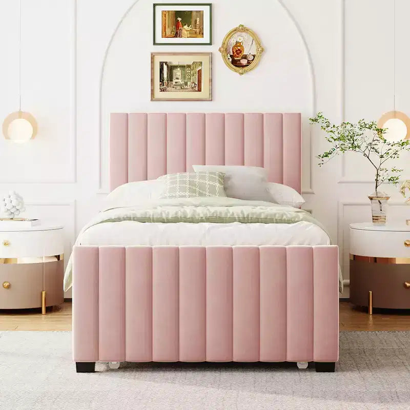 Cadre de lit double avec lit gigogne, cadre de lit rembourré en velours, lit plateforme rembourré double pour enfants, adolescents, adultes, rose