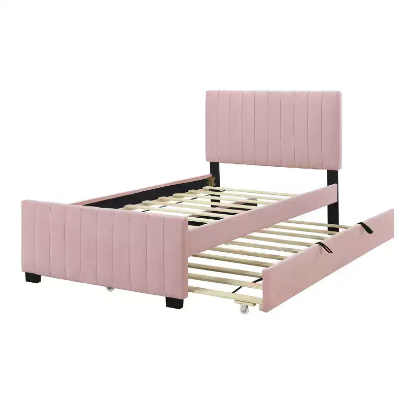 Cadre de lit double avec lit gigogne, cadre de lit rembourré en velours, lit plateforme rembourré double pour enfants, adolescents, adultes, rose