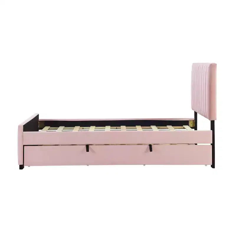 Cadre de lit double avec lit gigogne, cadre de lit rembourré en velours, lit plateforme rembourré double pour enfants, adolescents, adultes, rose