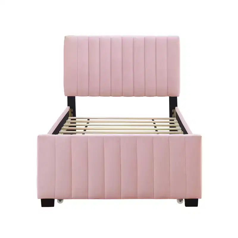Cadre de lit double avec lit gigogne, cadre de lit rembourré en velours, lit plateforme rembourré double pour enfants, adolescents, adultes, rose