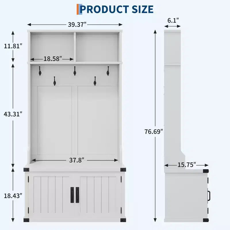 Meuble d'entrée 76" style ferme blanche avec banc, rangement à chaussures, porte-manteau à 5 crochets triples, étagère réglable, organisateur de vestiaire, peu encombrant, blanc