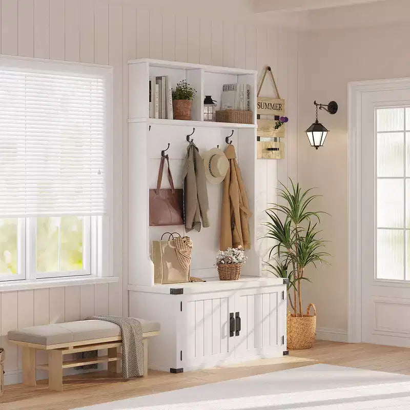 Meuble d'entrée 76" style ferme blanche avec banc, rangement à chaussures, porte-manteau à 5 crochets triples, étagère réglable, organisateur de vestiaire, peu encombrant, blanc