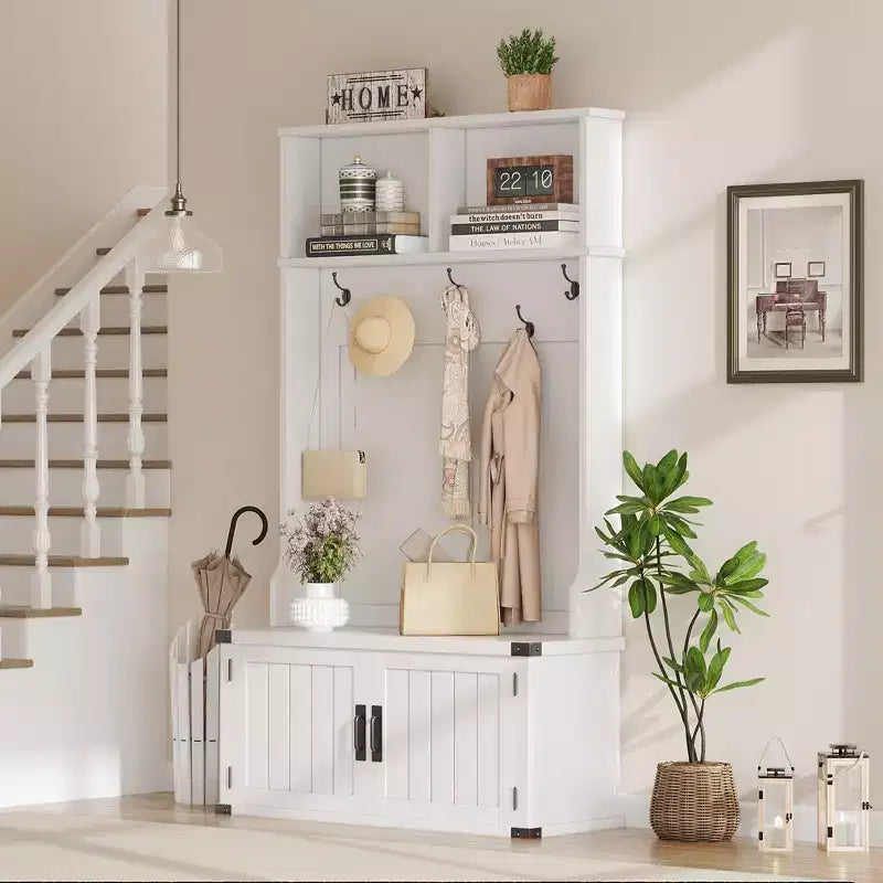 Meuble d'entrée 76" style ferme blanche avec banc, rangement à chaussures, porte-manteau à 5 crochets triples, étagère réglable, organisateur de vestiaire, peu encombrant, blanc