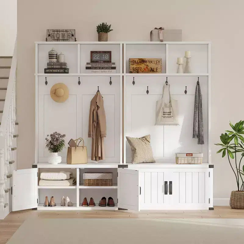 Meuble d'entrée 76" style ferme blanche avec banc, rangement à chaussures, porte-manteau à 5 crochets triples, étagère réglable, organisateur de vestiaire, peu encombrant, blanc
