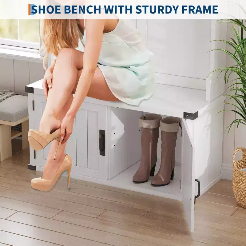 Meuble d'entrée 76" style ferme blanche avec banc, rangement à chaussures, porte-manteau à 5 crochets triples, étagère réglable, organisateur de vestiaire, peu encombrant, blanc