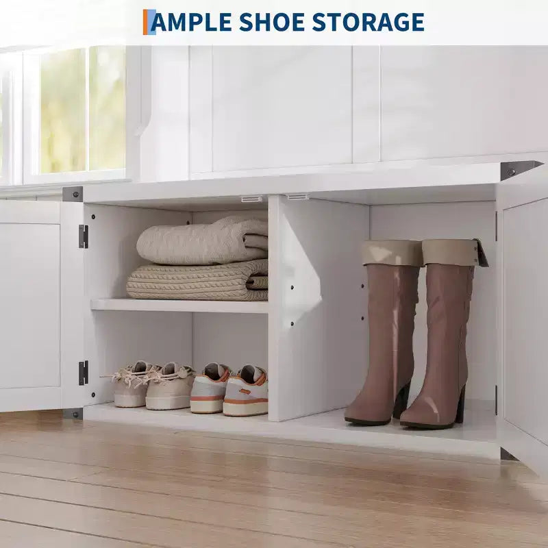 Meuble d'entrée 76" style ferme blanche avec banc, rangement à chaussures, porte-manteau à 5 crochets triples, étagère réglable, organisateur de vestiaire, peu encombrant, blanc