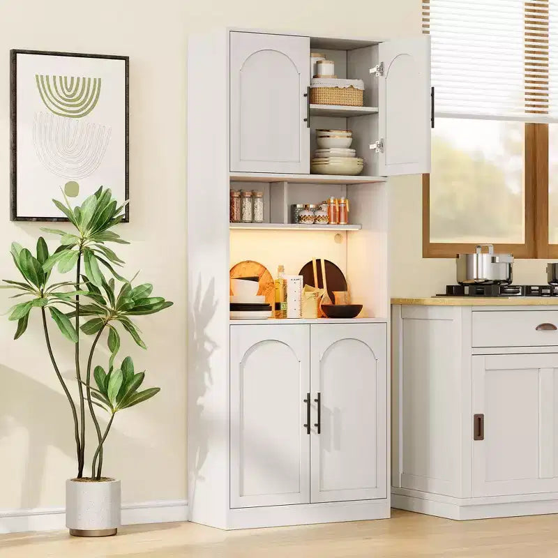 71.9Tall Arched Bookshelf, 7 Tier Farmhouse Wood Storage Cabinet with RGB Light, Barn Doors & 2 Open Shelves, for Living Room, Dining Room, Bathroom
