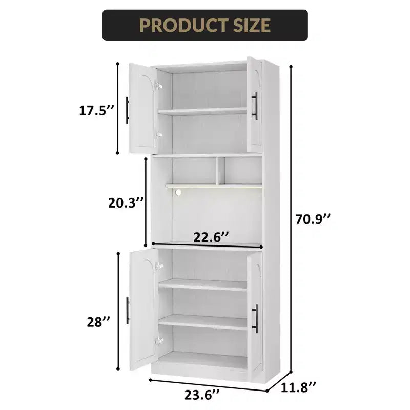 Étagère haute voûtée de 182,6 cm, Armoire de rangement en bois de style ferme à 7 niveaux avec lumière RVB, portes de grange et 2 étagères ouvertes, pour salon, salle à manger, salle de bain