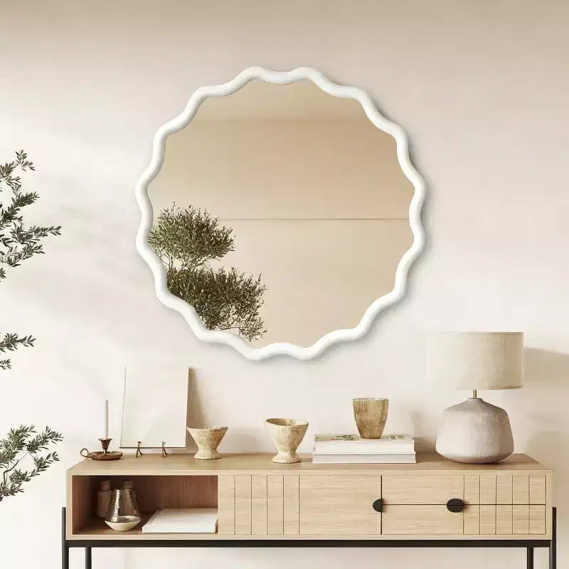 White 36 inch Wavy Round Solid Wood Frame Decorative Mirror,For Bedroom, Bathroom, Living Room, Entryway