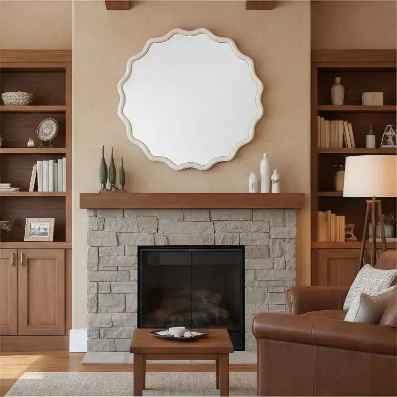 Miroir décoratif rond ondulé à cadre en bois massif blanc de 36 pouces, pour chambre à coucher, salle de bain, salon, entrée