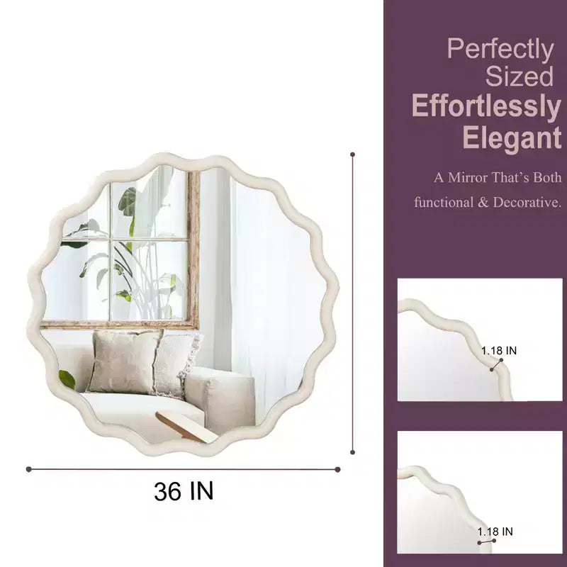 Miroir décoratif rond ondulé à cadre en bois massif blanc de 36 pouces, pour chambre à coucher, salle de bain, salon, entrée