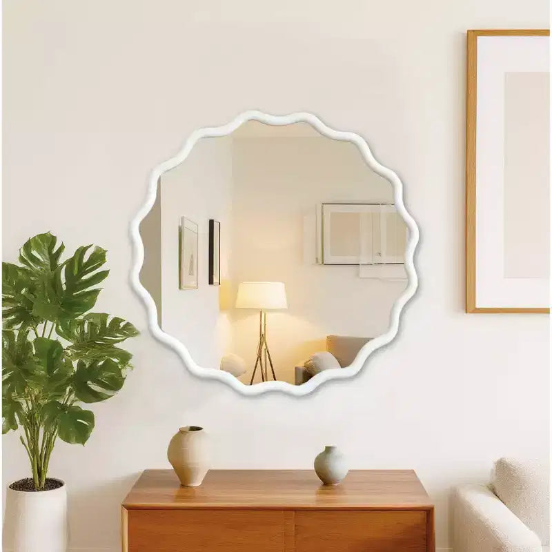 Miroir décoratif rond ondulé à cadre en bois massif blanc de 36 pouces, pour chambre à coucher, salle de bain, salon, entrée