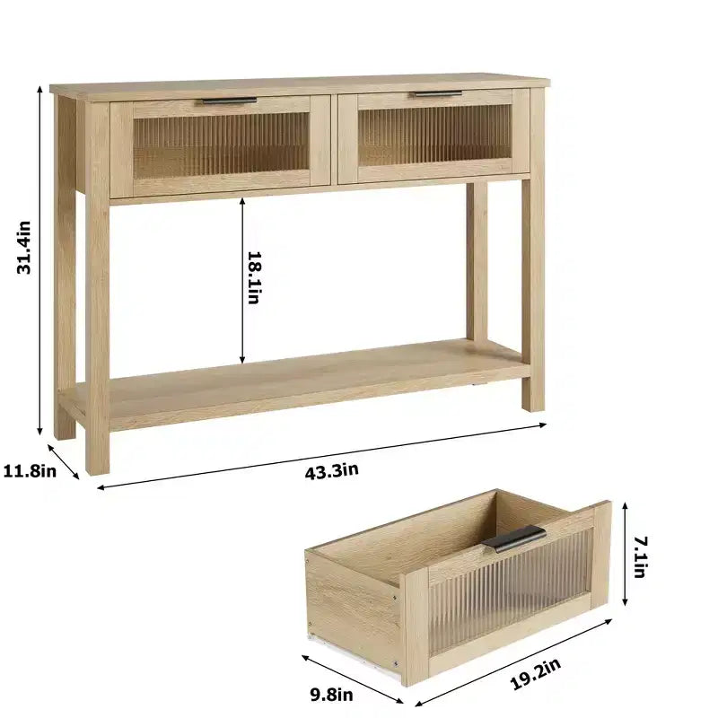 Console de 43 po en bois moderne avec 2 tiroirs en verre, table d'entrée étroite avec rangement spacieux pour le salon, le couloir, le foyer, la cuisine