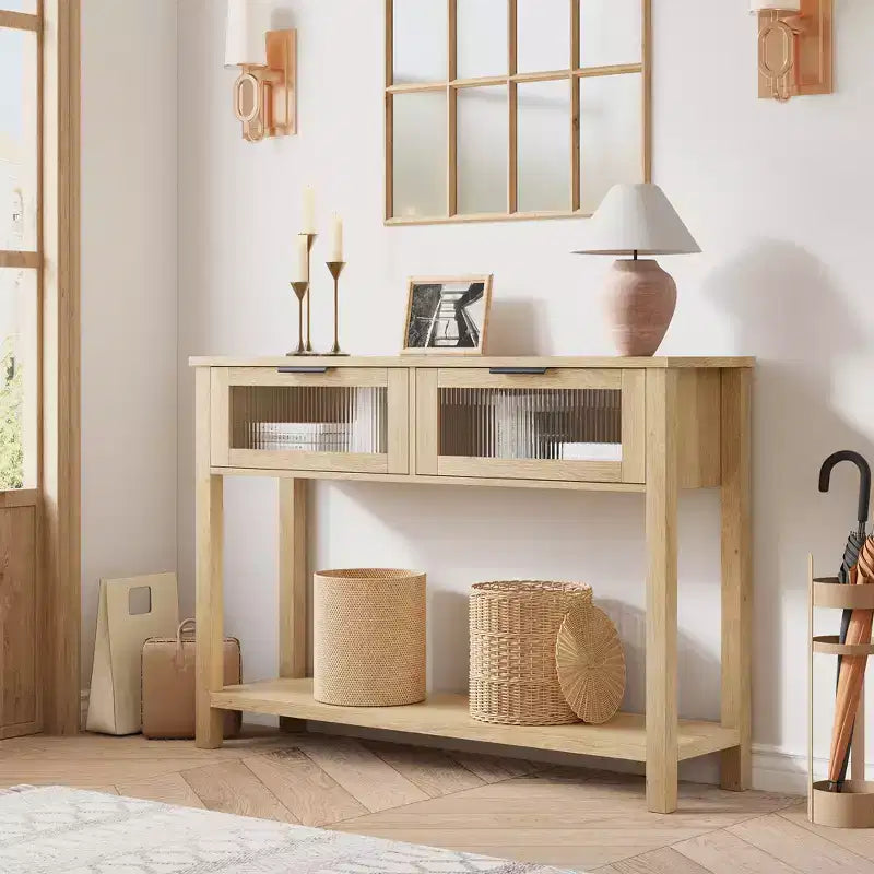 Console de 43 po en bois moderne avec 2 tiroirs en verre, table d'entrée étroite avec rangement spacieux pour le salon, le couloir, le foyer, la cuisine