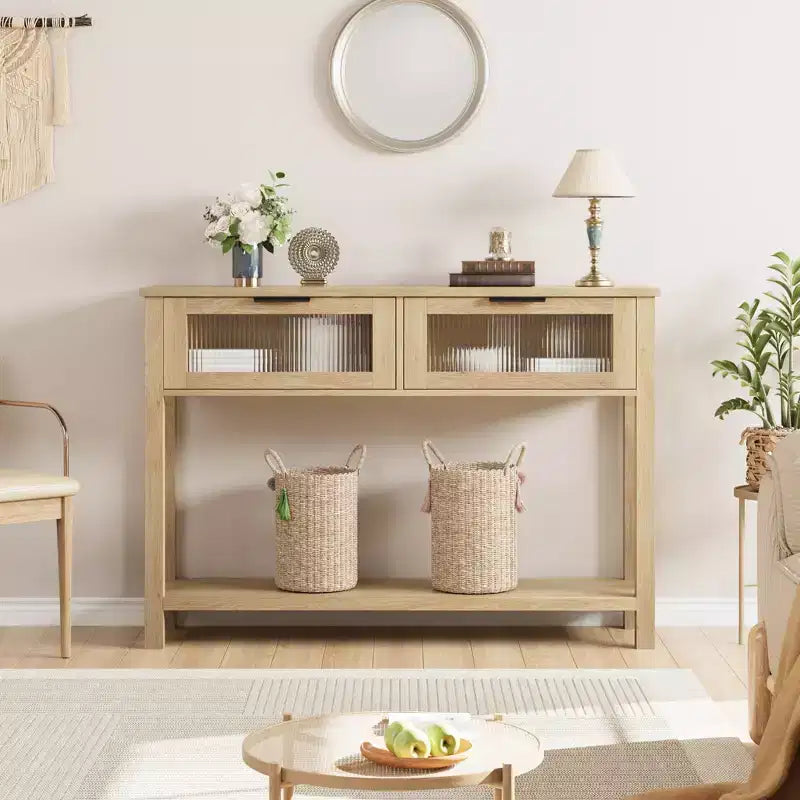 Console de 43 po en bois moderne avec 2 tiroirs en verre, table d'entrée étroite avec rangement spacieux pour le salon, le couloir, le foyer, la cuisine