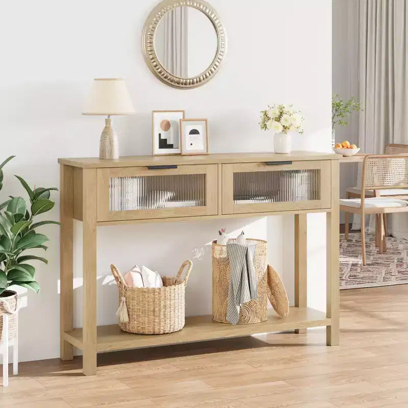 Console de 43 po en bois moderne avec 2 tiroirs en verre, table d'entrée étroite avec rangement spacieux pour le salon, le couloir, le foyer, la cuisine