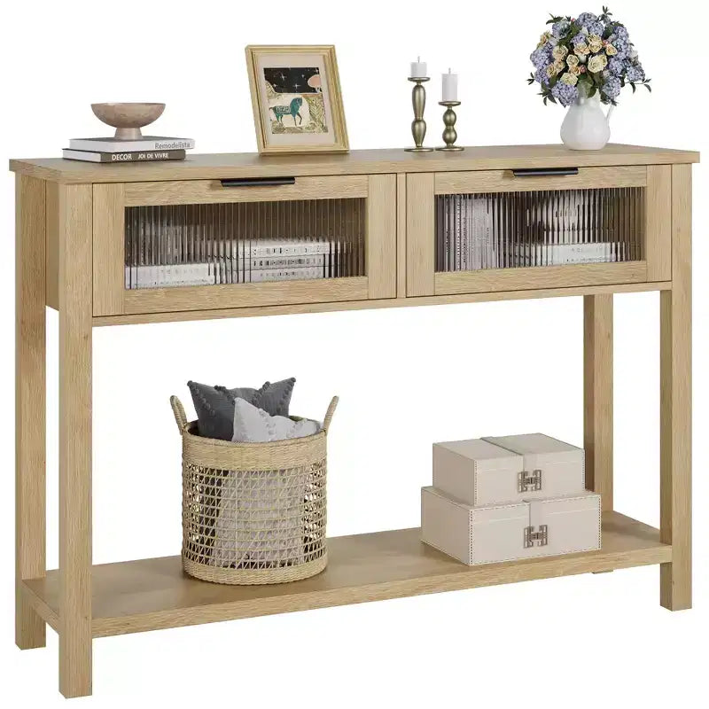 Console de 43 po en bois moderne avec 2 tiroirs en verre, table d'entrée étroite avec rangement spacieux pour le salon, le couloir, le foyer, la cuisine