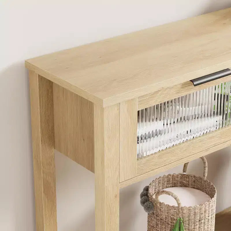 Console de 43 po en bois moderne avec 2 tiroirs en verre, table d'entrée étroite avec rangement spacieux pour le salon, le couloir, le foyer, la cuisine