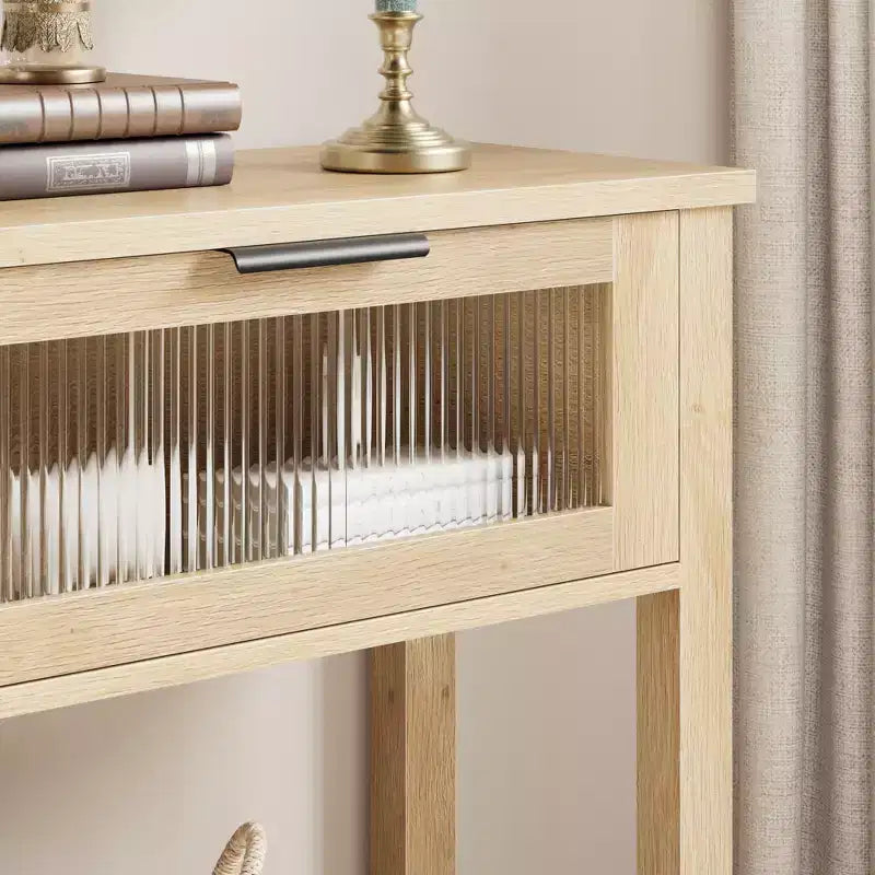 Console de 43 po en bois moderne avec 2 tiroirs en verre, table d'entrée étroite avec rangement spacieux pour le salon, le couloir, le foyer, la cuisine