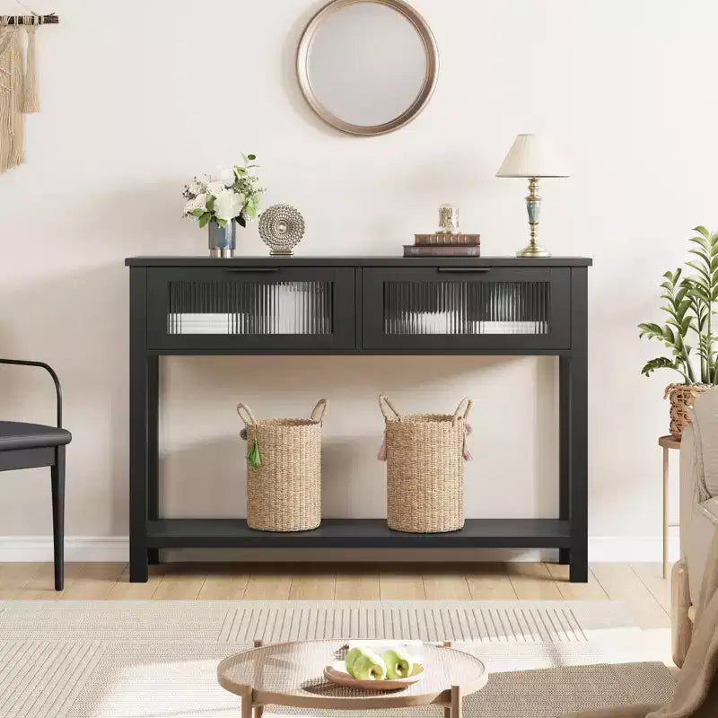 Console de 43 po en bois moderne avec 2 tiroirs en verre, table d'entrée étroite avec rangement spacieux pour le salon, le couloir, le foyer, la cuisine
