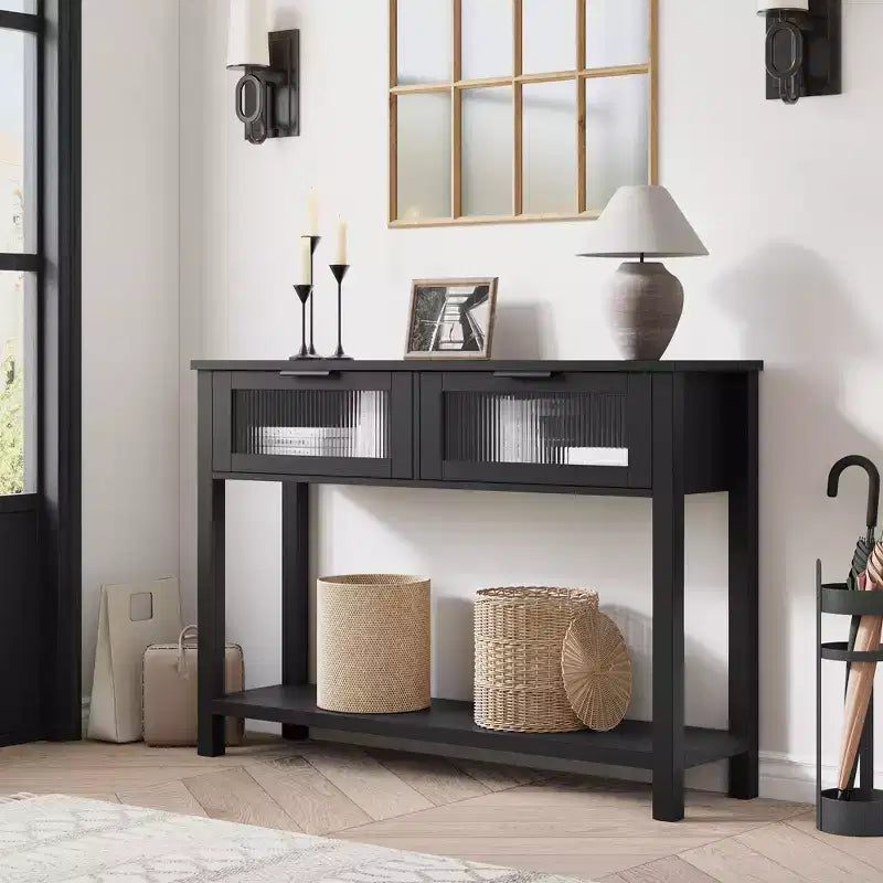 Console de 43 po en bois moderne avec 2 tiroirs en verre, table d'entrée étroite avec rangement spacieux pour le salon, le couloir, le foyer, la cuisine
