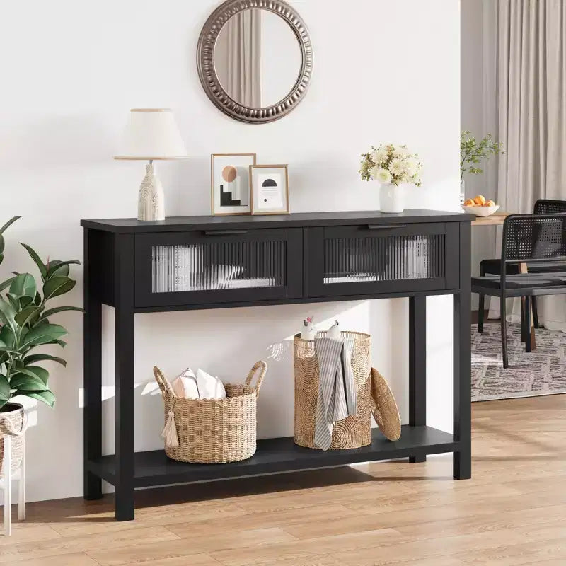 Console de 43 po en bois moderne avec 2 tiroirs en verre, table d'entrée étroite avec rangement spacieux pour le salon, le couloir, le foyer, la cuisine