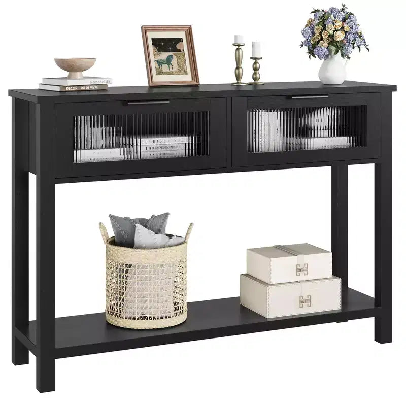 Console de 43 po en bois moderne avec 2 tiroirs en verre, table d'entrée étroite avec rangement spacieux pour le salon, le couloir, le foyer, la cuisine